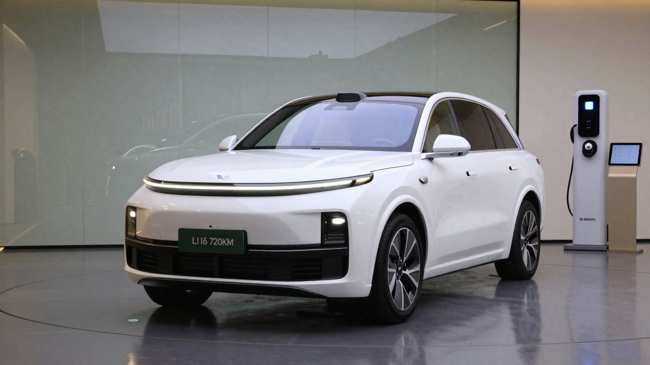 Carro elétrico branco moderno estacionado em ambiente interno ao lado de estação de recarga.