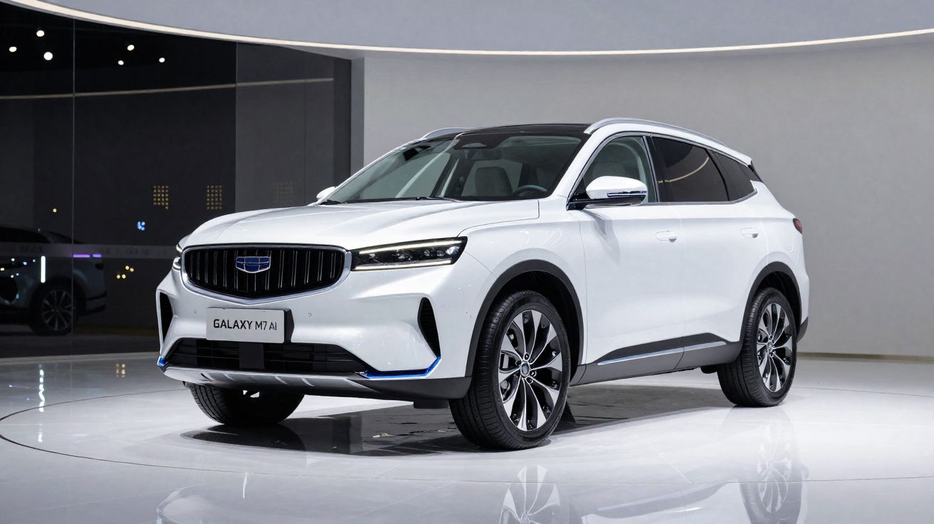 SUV branco Geely Galaxy M7 AI exibido em ambiente interno moderno com iluminação suave.