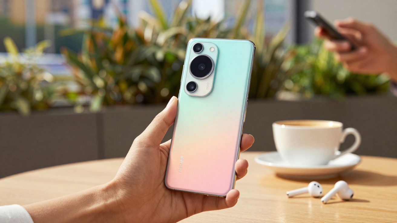 Pessoa segurando smartphone moderno com fundo desfocado, xícara de café e fones de ouvido sobre mesa de madeira.