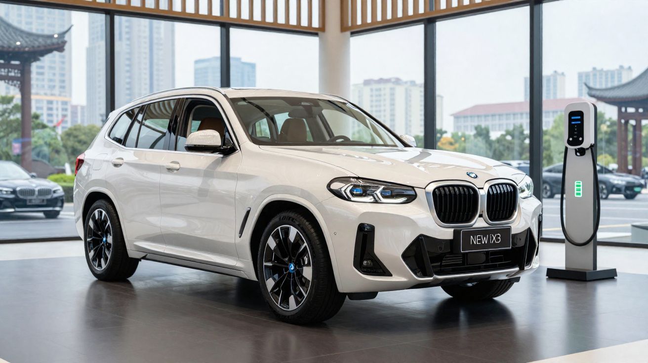 Carro elétrico BMW branco modelo NEW iX3 em exposição ao lado de estação de recarga em showroom moderno.
