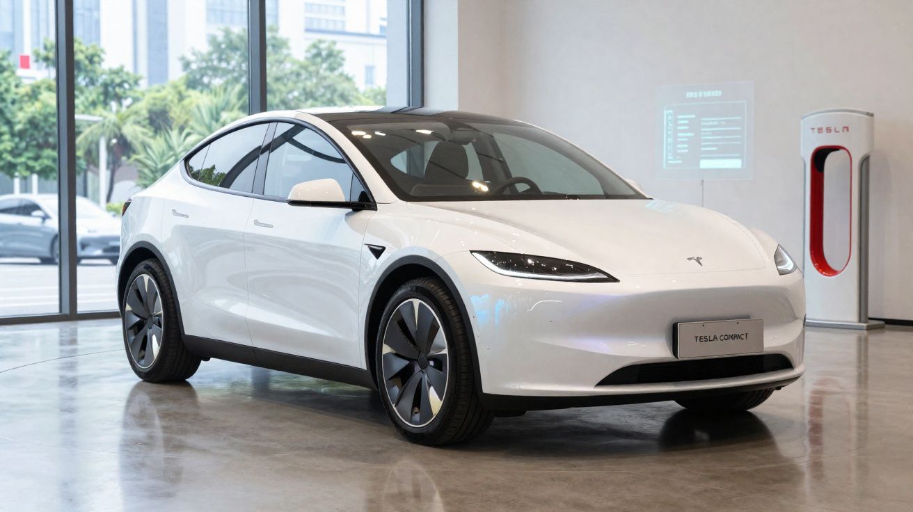 Carro elétrico Tesla branco em exposição interna com estação de carregamento ao fundo.