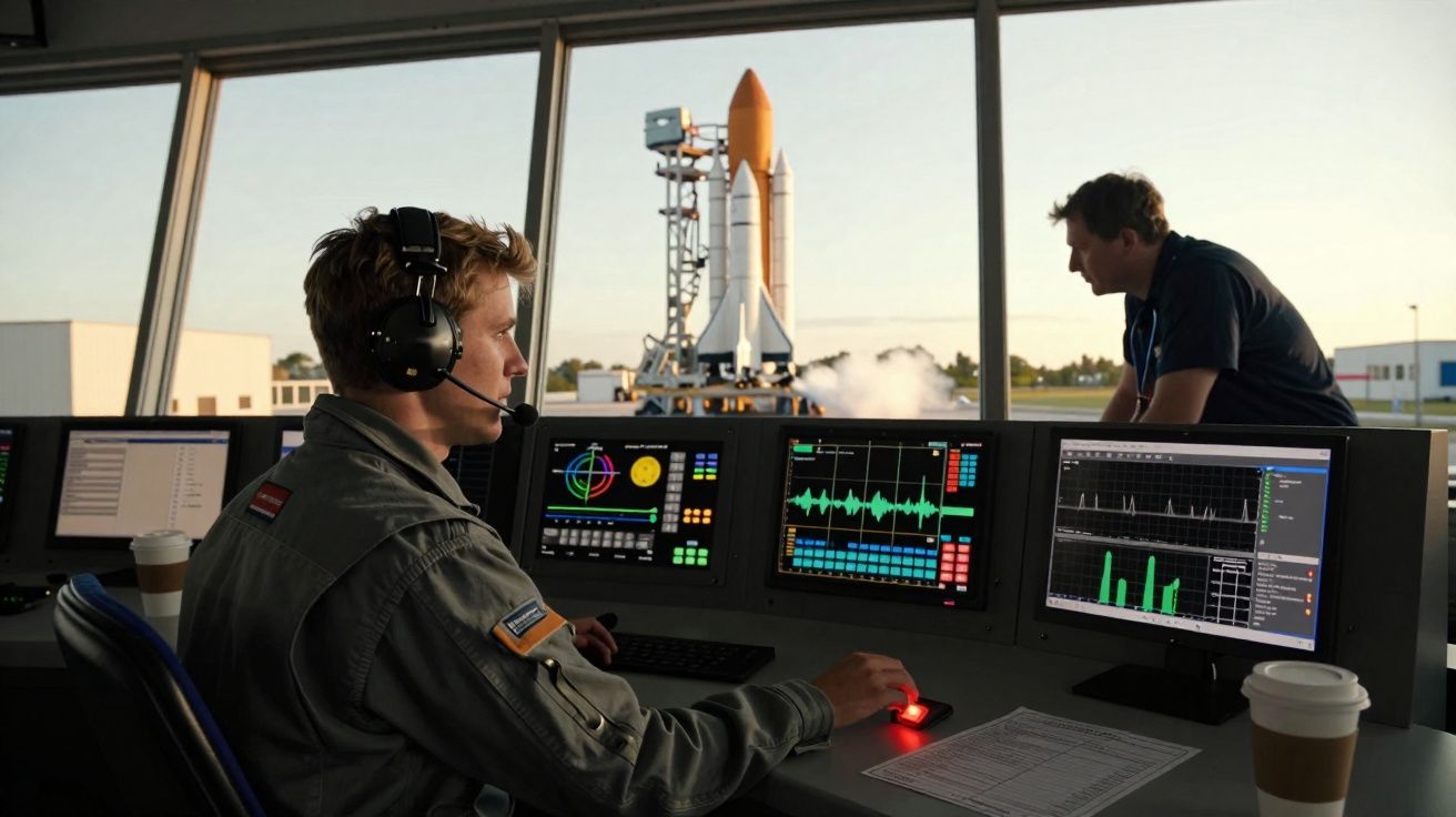 Técnico com headset operando controles na sala de comando, com foguete ao fundo em plataforma externa.