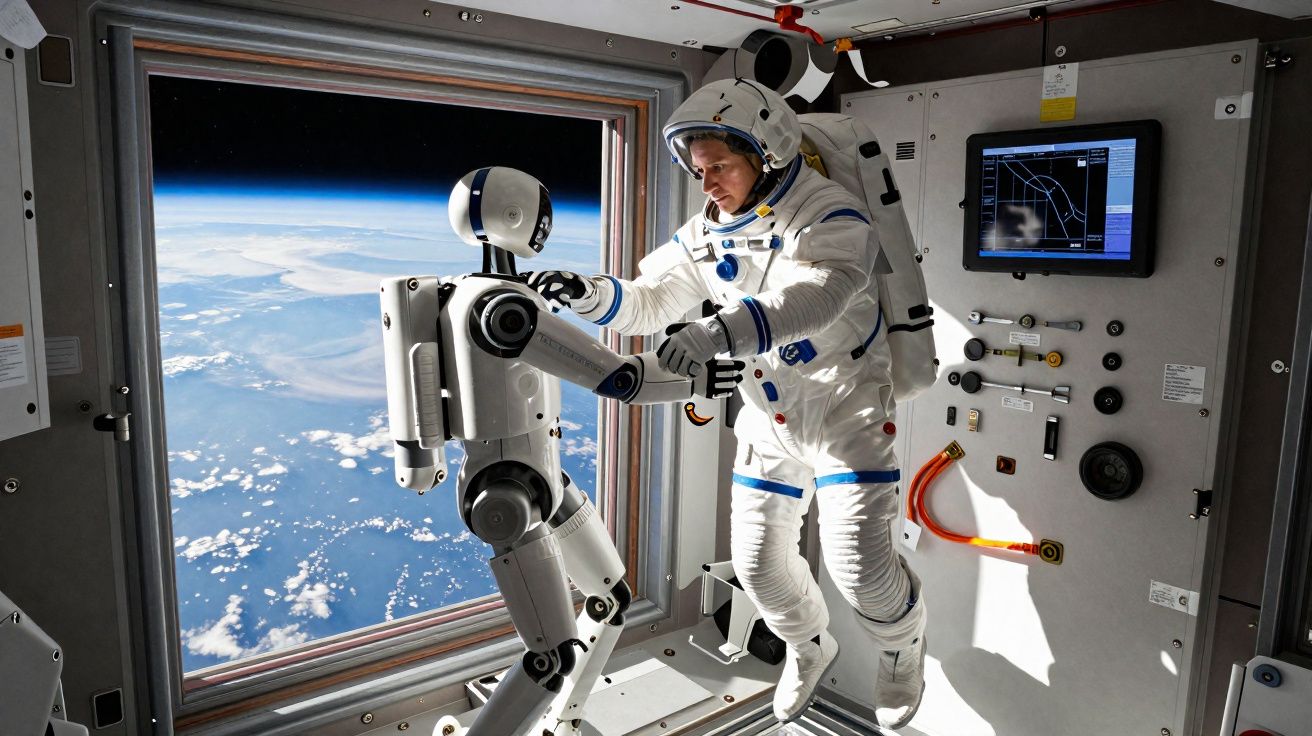 Astronauta interage com robô dentro de estação espacial com vista para a Terra no espaço sideral.