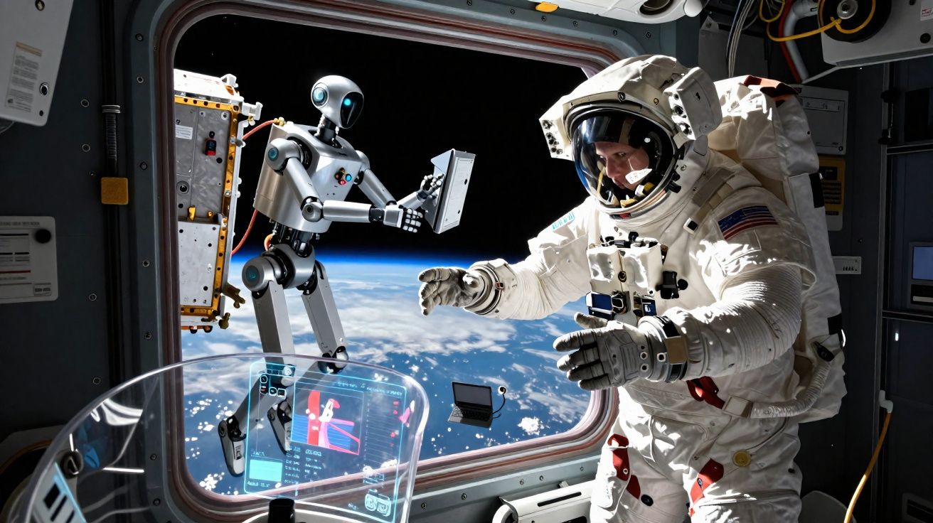 Astronauta em traje espacial interagindo com robô dentro de estação espacial com vista para a Terra.