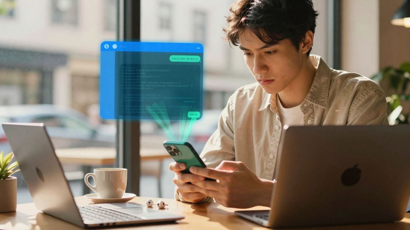 Jovem usando celular com holograma de código e mensagens, sentado entre dois laptops em mesa de café.