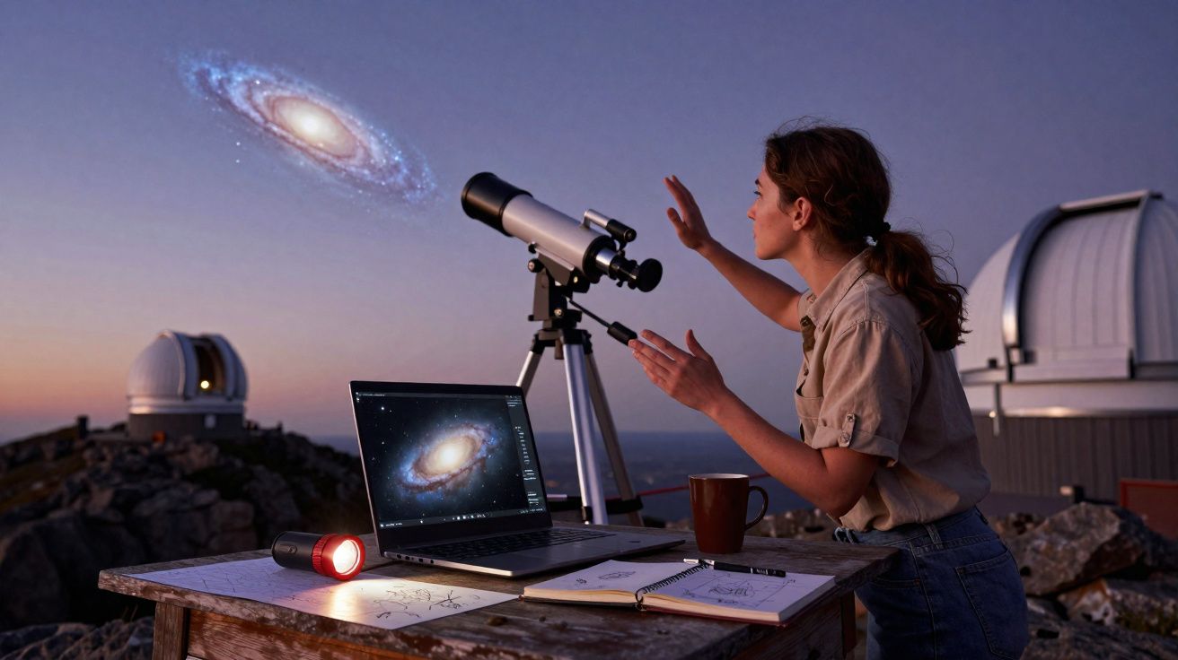 Mulher observando galáxia com telescópio ao ar livre, laptop e anotações em mesa de madeira à noite.