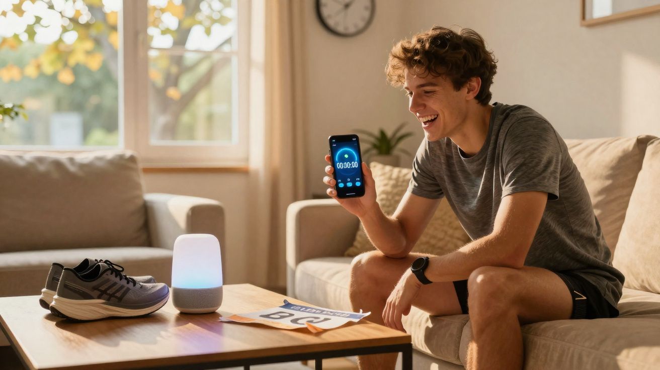Homem sorridente sentado no sofá mostrando cronômetro no celular com tênis e medalha sobre a mesa.