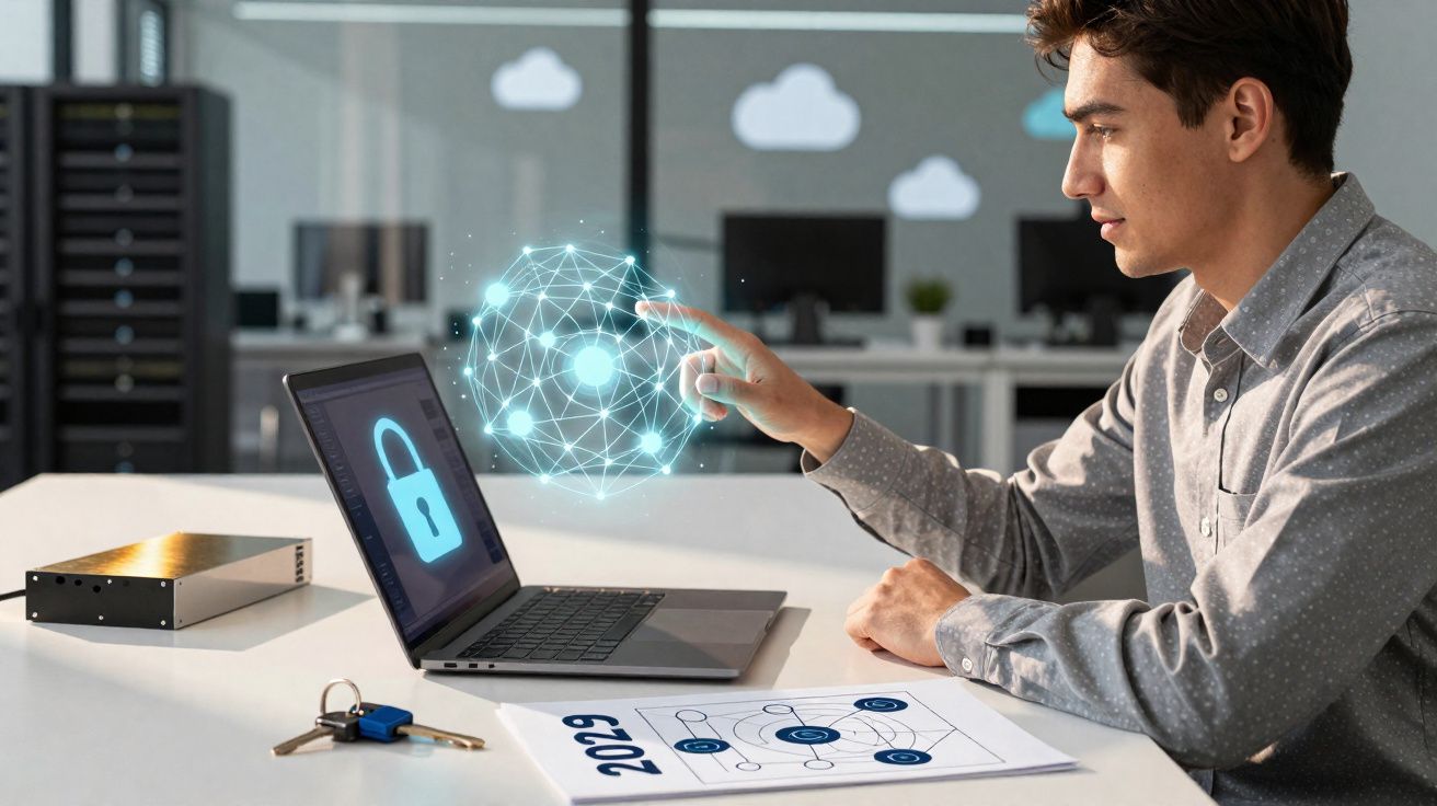 Homem em escritório interagindo com holograma de rede digital ao lado de notebook com ícone de cadeado na tela.