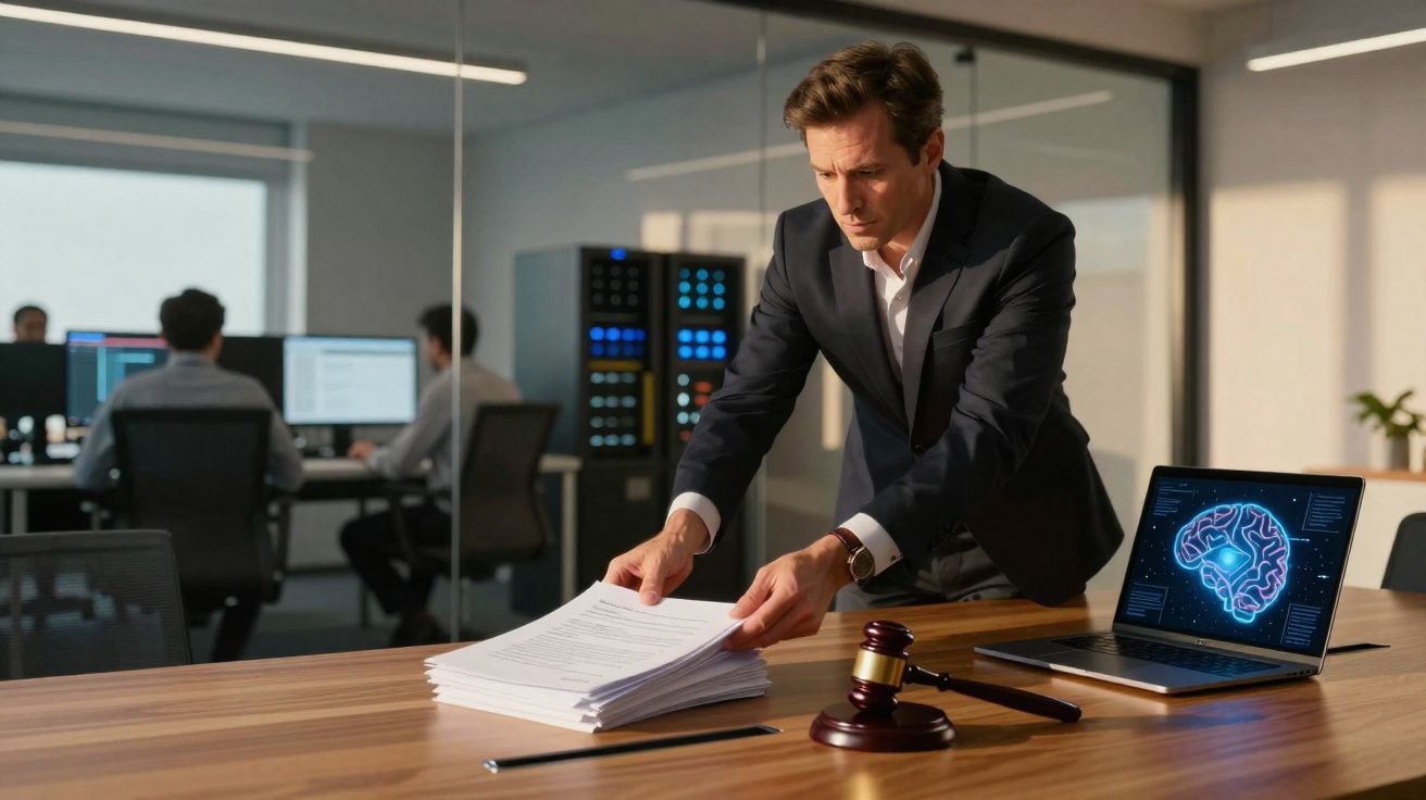 Homem organizando pilha de documentos em escritório moderno com laptop exibindo imagem de cérebro digital.