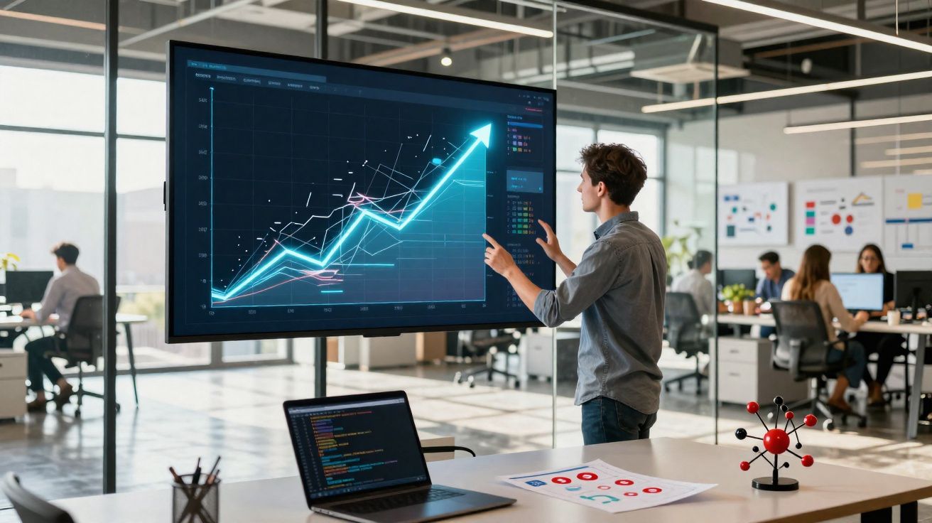 Homem analisa gráfico com seta crescente em tela grande em escritório moderno com colegas ao fundo.