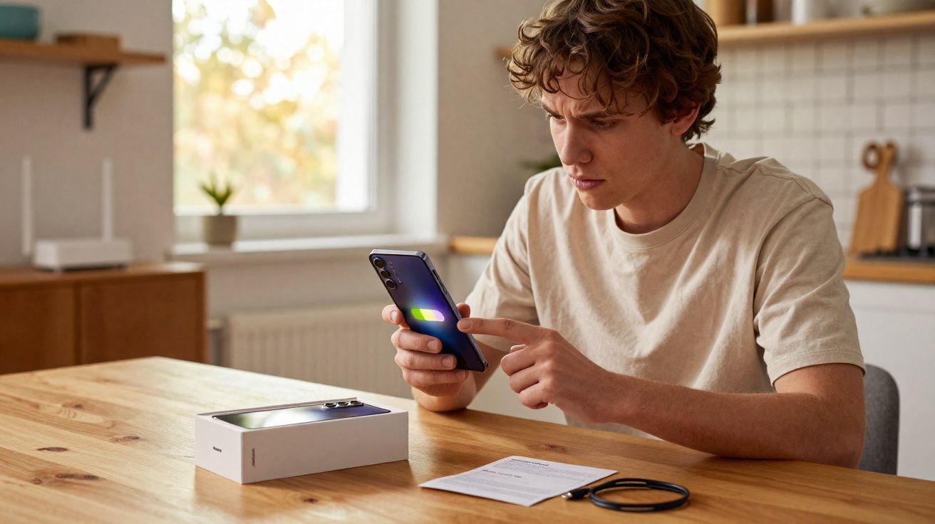 Jovem sentado à mesa usando celular novo enquanto ele carrega ao lado da caixa e manual.