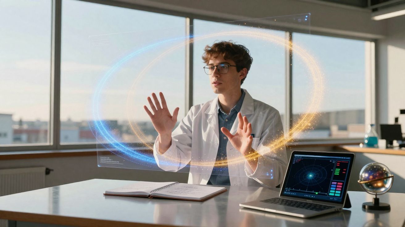 Jovem cientista interage com holograma digital flutuante em laboratório moderno com notebook e caderno.