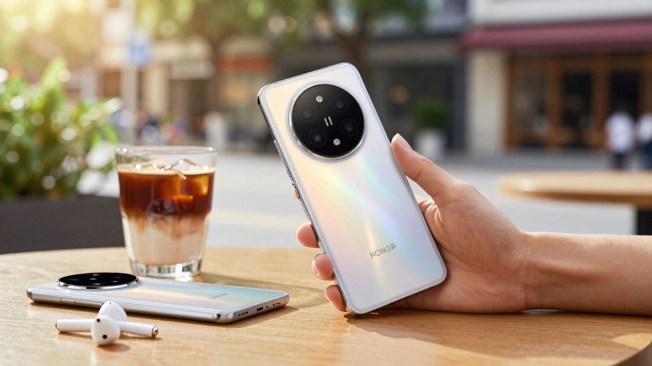 Pessoa segurando smartphone Honor branco, com aparelho e fones em mesa com copo de café ao fundo.