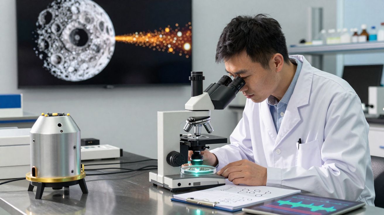 Cientista em jaleco branco observa lâmina no microscópio em laboratório com equipamentos e tela de planeta ao fundo.