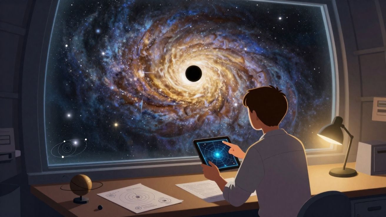 Pessoa observando um buraco negro no espaço pela janela enquanto usa um tablet em uma mesa iluminada.