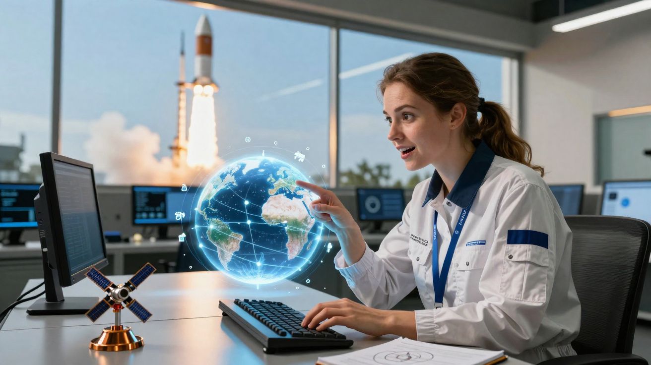 Mulher cientista interage com holograma do planeta Terra em escritório com foguete lançando ao fundo.