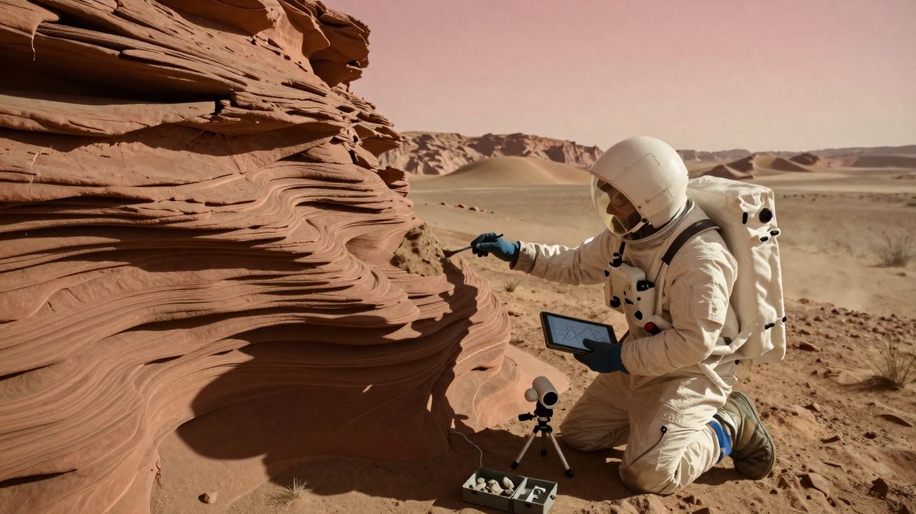 Astronauta em traje branco analisa rochas em formação arenosa avermelhada no deserto.