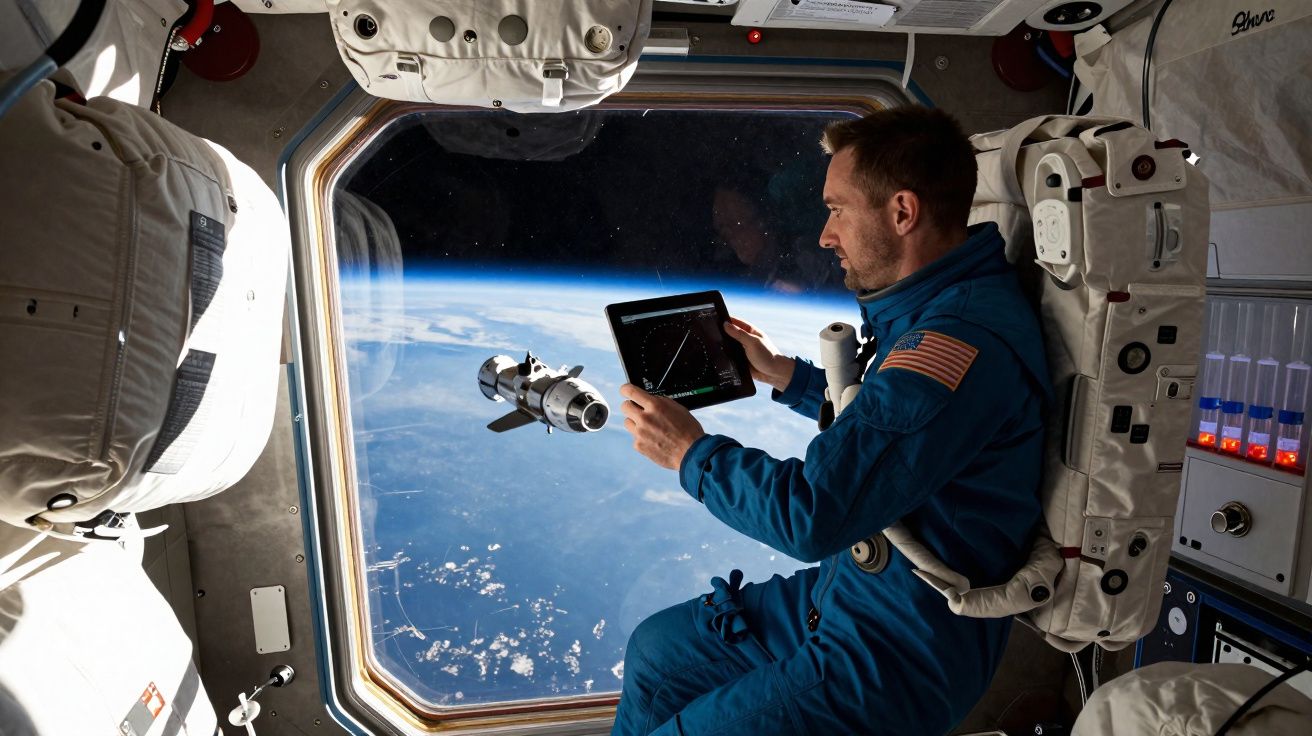 Astronauta em traje azul usando tablet dentro da estação espacial com visão da Terra e módulo espacial pela janela.