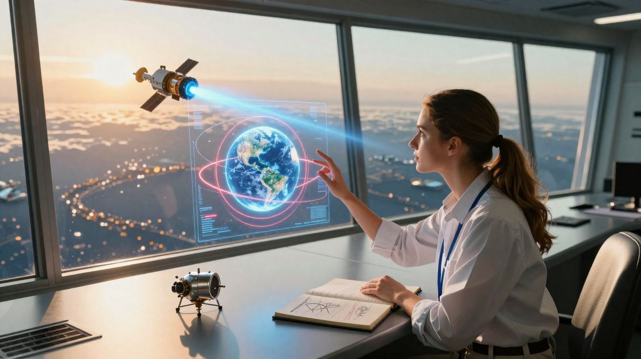 Mulher usando holograma de satélite e Terra em escritório moderno com vista panorâmica ao pôr do sol.