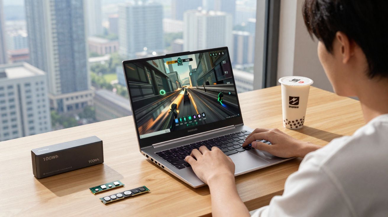 Pessoa jogando em notebook em mesa com copo de bebida e componentes eletrônicos, vista de prédios ao fundo.