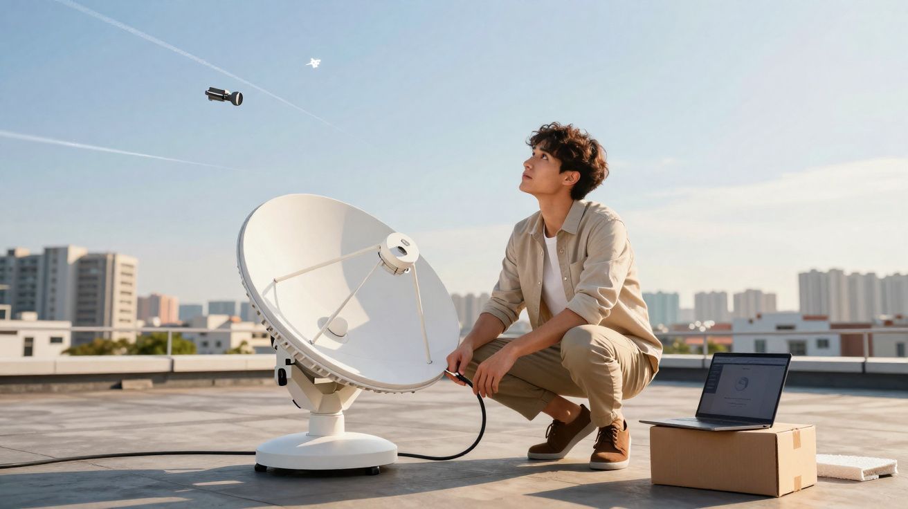 Jovem operando antena parabólica no telhado com laptop e satélites no céu ao fundo.