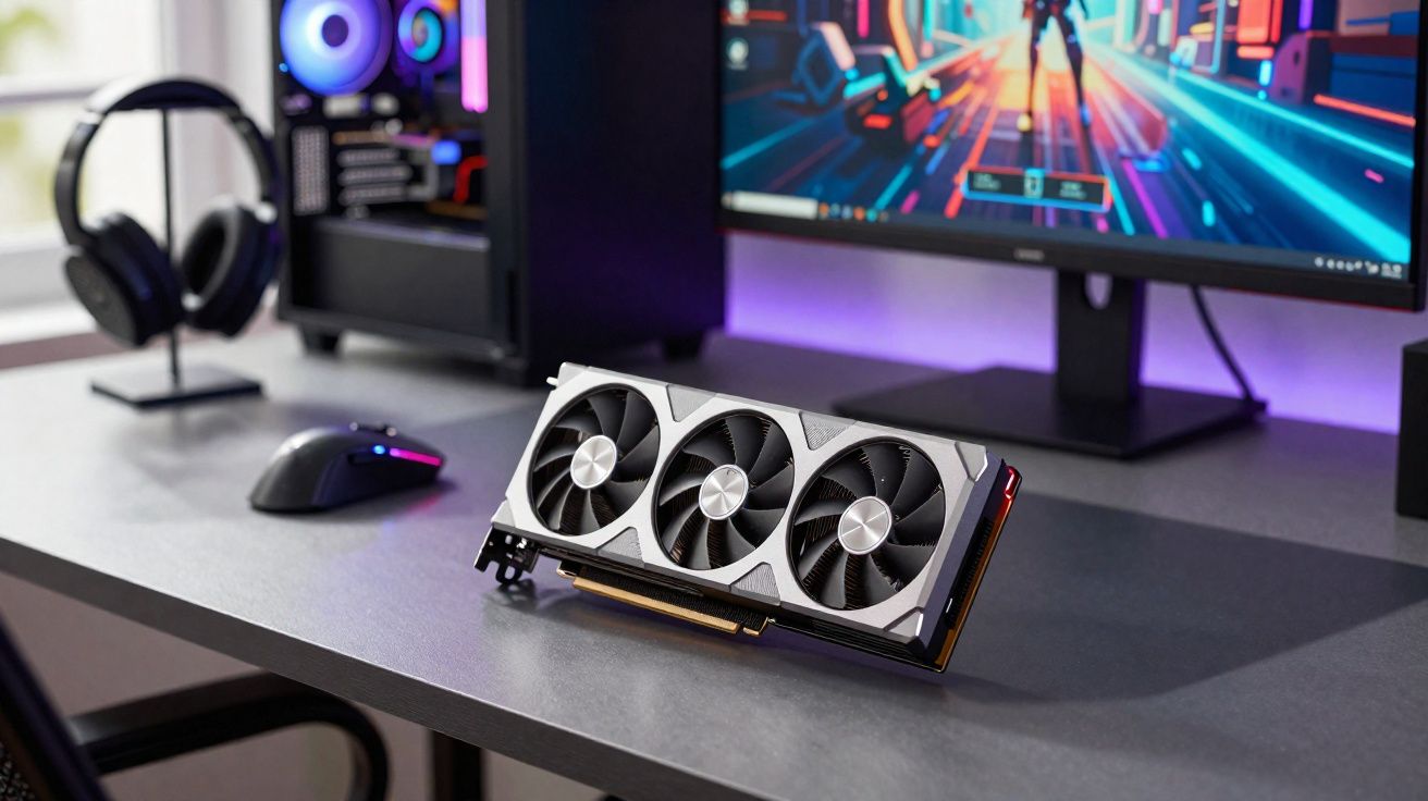 Placa de vídeo de alto desempenho sobre mesa com computador gamer, mouse, fones e monitor RGB ligado.