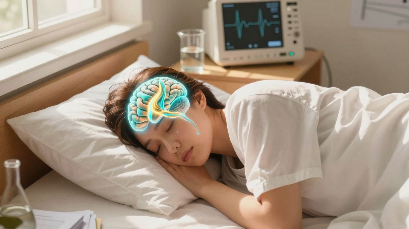 Pessoa dormindo com ilustração digital do cérebro sobreposta, monitor cardíaco ao fundo.