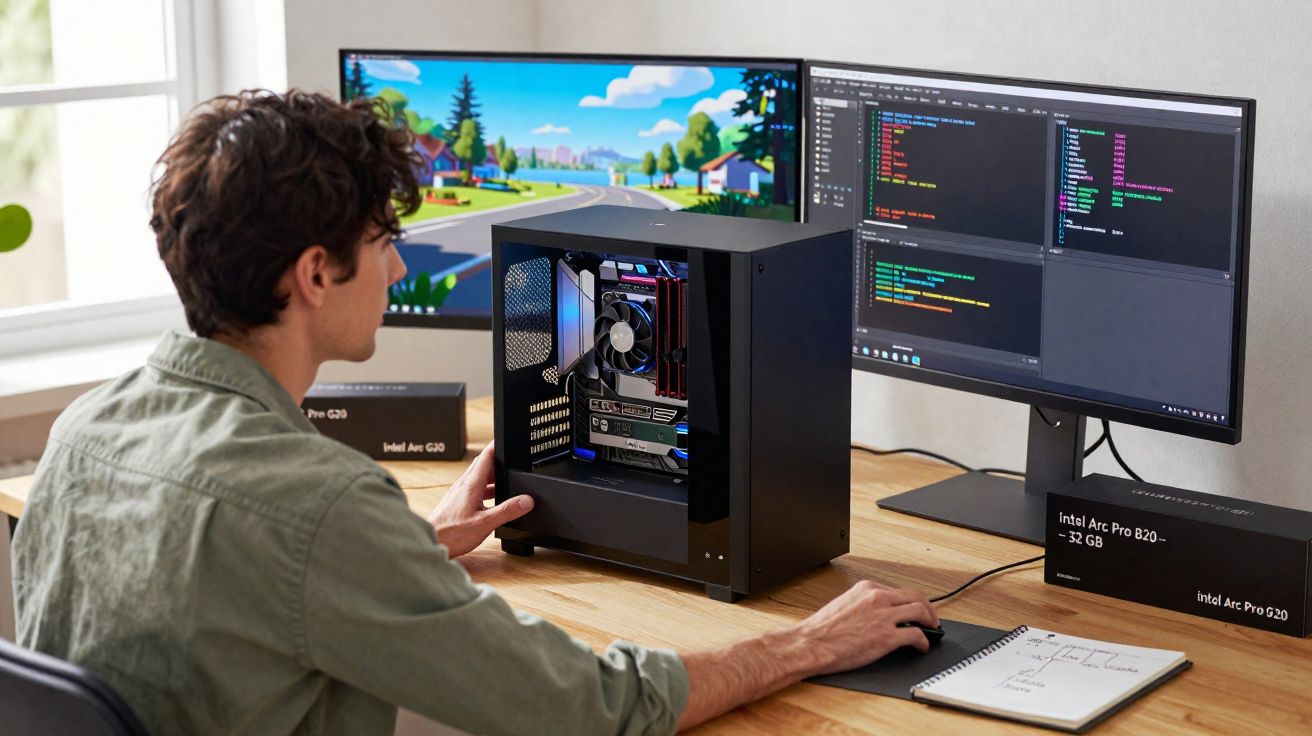 Pessoa sentada em mesa com computador aberto e dois monitores exibindo jogo e código.