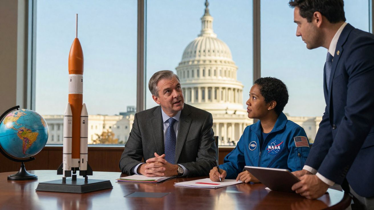 Três pessoas em reunião com modelo de foguete e globo terrestre, com Capitólio dos EUA ao fundo.