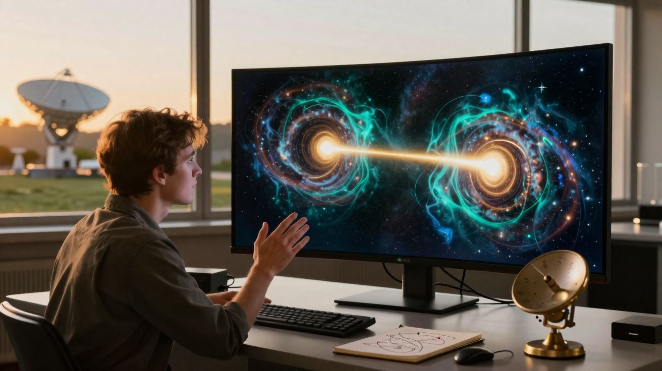 Jovem observa tela com simulação de buracos negros conectados por raios de energia em laboratório com antena parabólica.