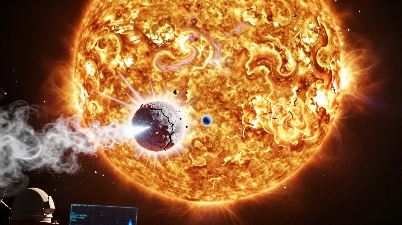 Ilustração de planeta sendo destruído por explosão solar intensa em fundo espacial.