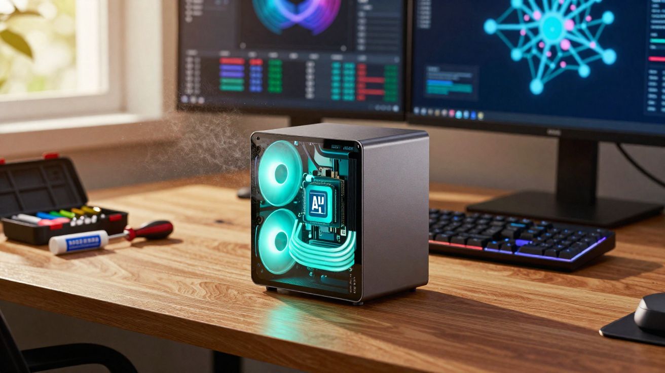 Computador compacto com ventoinhas neon em mesa de madeira, com dois monitores ao fundo exibindo gráficos.