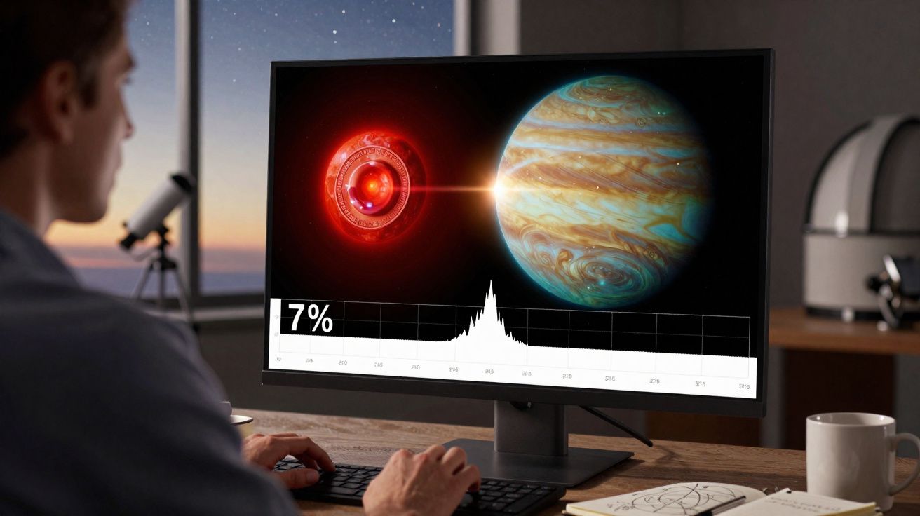 Pessoa usando computador com imagem de planeta e gráfico na tela em ambiente interno.