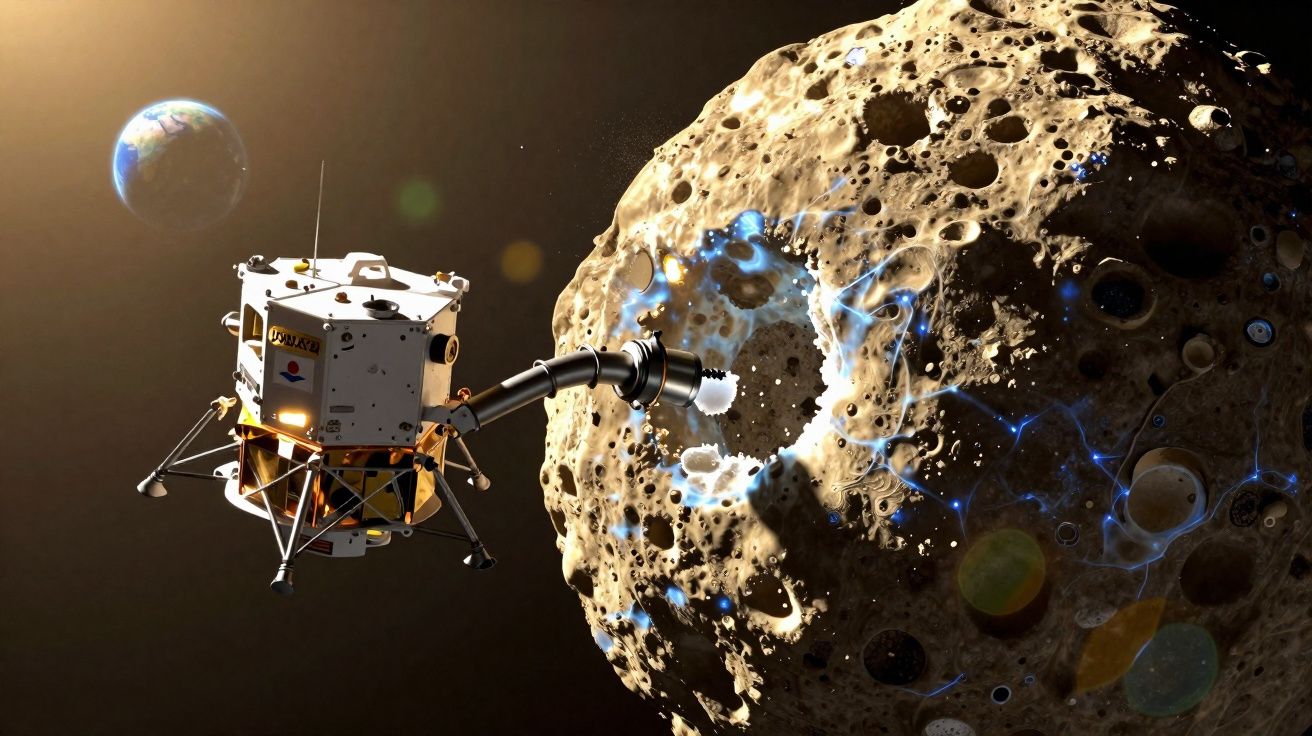 Sonda espacial coletando amostra de um asteroide com a Terra ao fundo no espaço sideral.