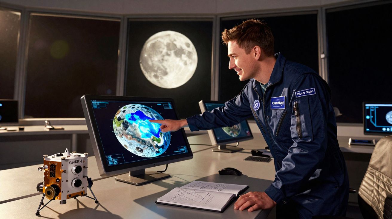 Homem em traje espacial analisando imagem digital da Lua em tela de computador com Lua cheia ao fundo.