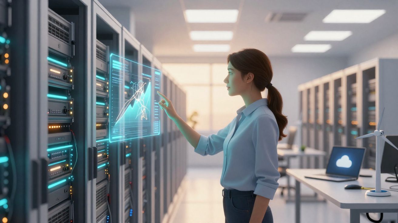 Mulher interagindo com tela holográfica em sala de servidores de data center moderna e iluminada.