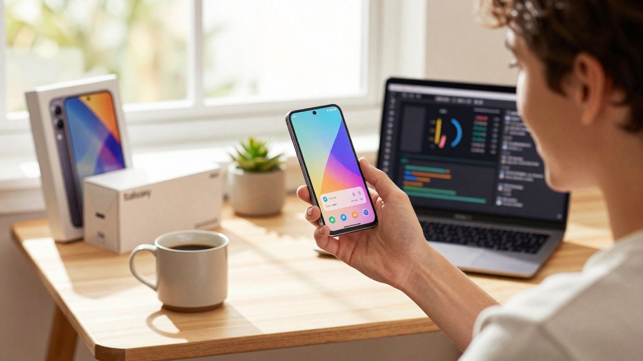Pessoa segurando um smartphone Samsung Galaxy em mesa com laptop, xícara de café e planta perto da janela.