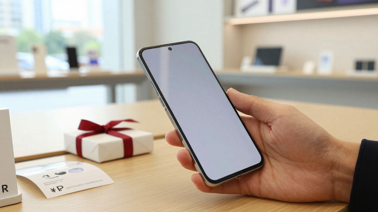 Pessoa segurando smartphone com tela em branco, mesa com caixa presenteada com laço vermelho ao fundo.