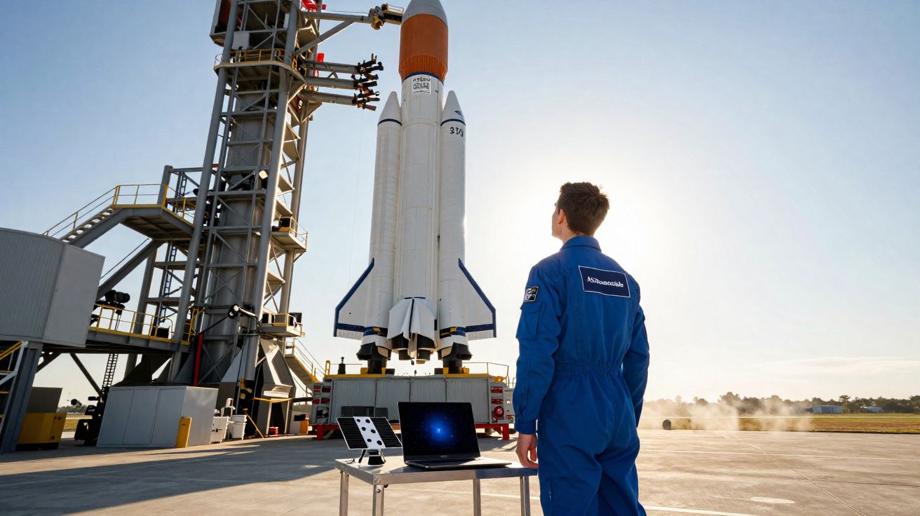 Homem de macacão azul observa foguete na plataforma de lançamento em dia claro.