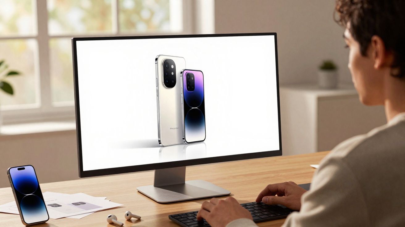 Pessoa usando computador com imagem de dois smartphones modernos exibida na tela e um smartphone na mesa.