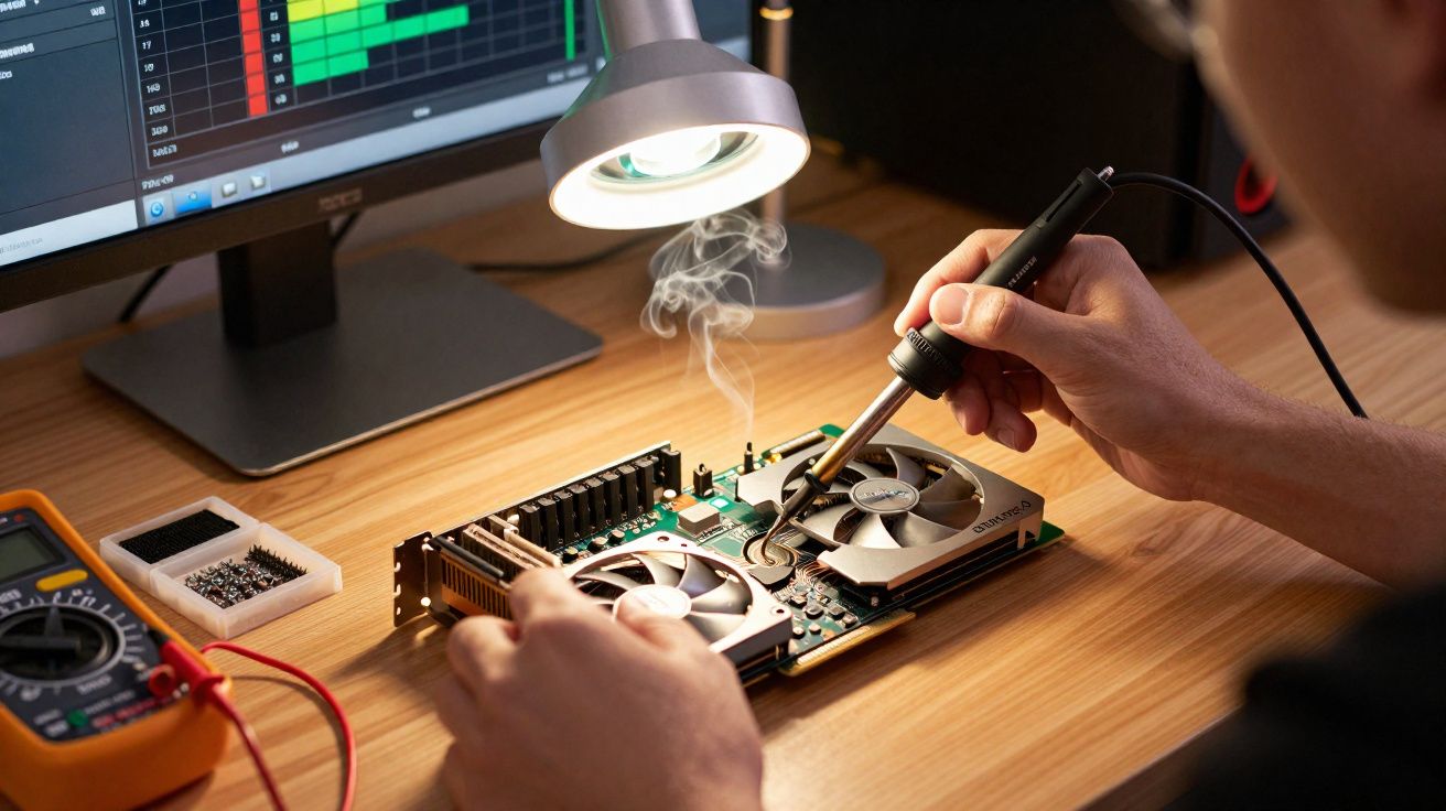 Pessoa soldando componente eletrônico em placa de vídeo sobre mesa com multímetro e monitor ao fundo.
