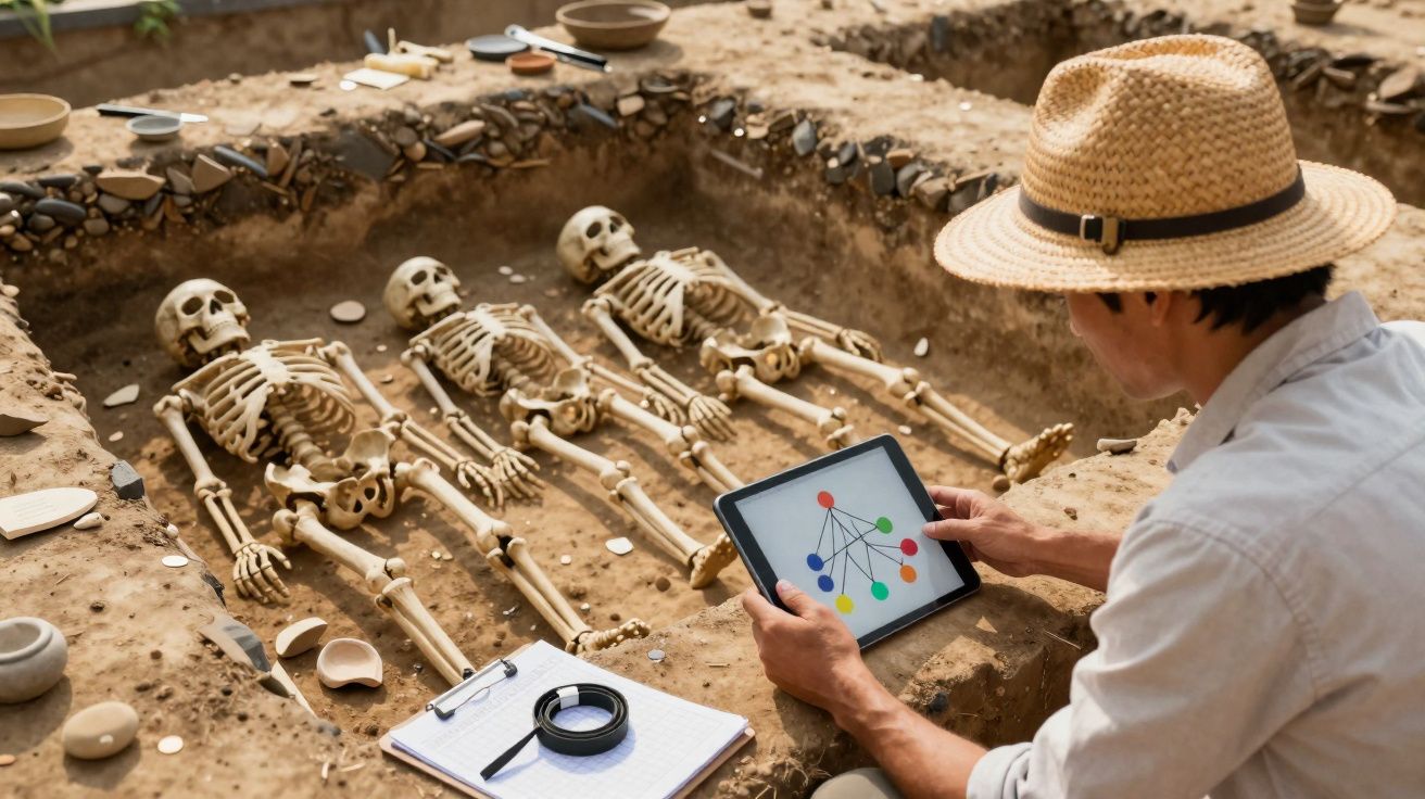 Arqueólogo usando tablet examina esqueletos humanos em escavação arqueológica ao ar livre.