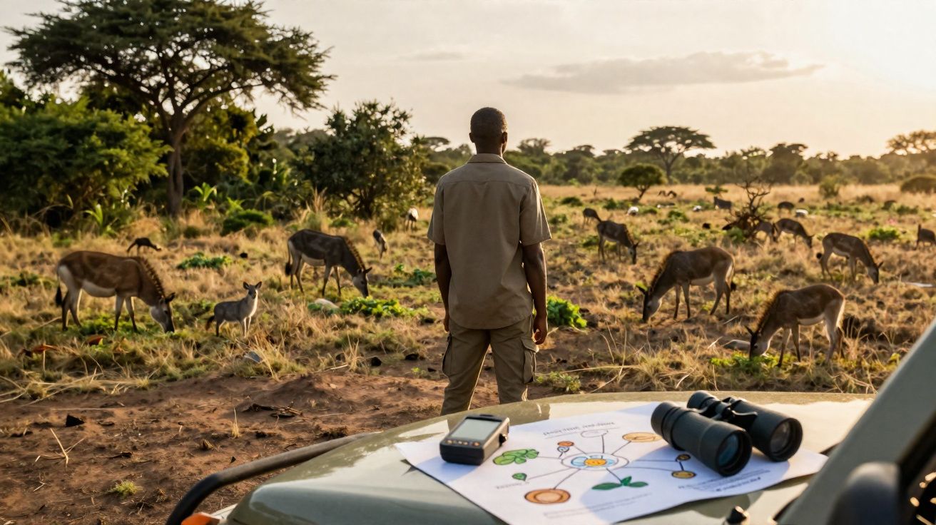 Pessoa em safári observando antílopes na savana ao entardecer, com binóculos e mapa sobre veículo.