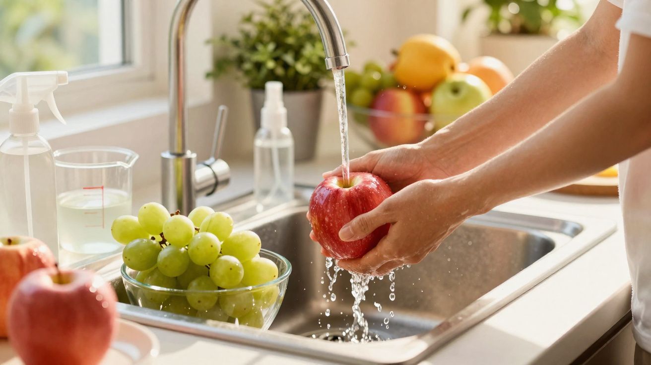 Pessoa lavando maçã vermelha na pia da cozinha com uvas verdes e outros frutos ao fundo.