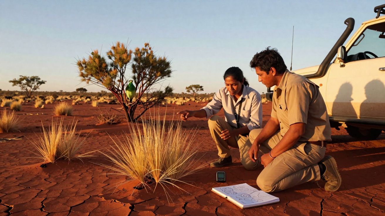 Dois cientistas analisam plantas na vegetação seca do deserto ao lado de um veículo branco.