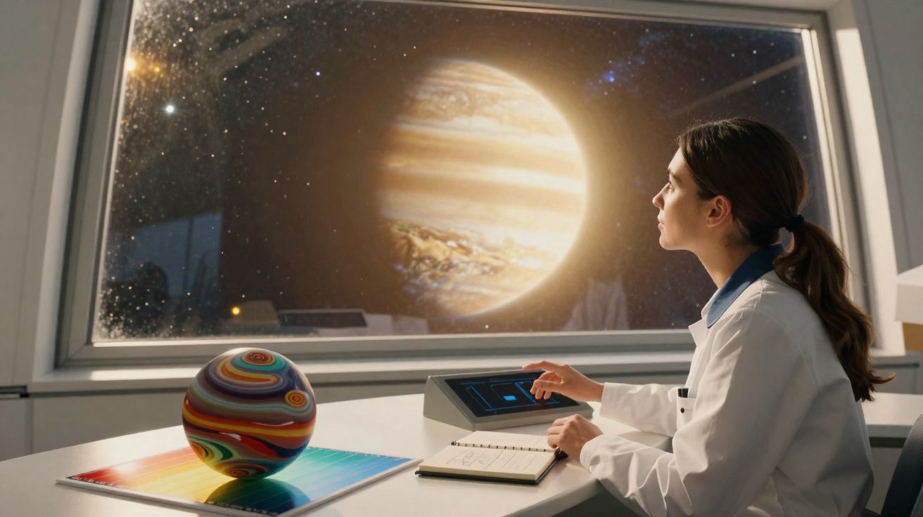 Jovem cientista olha para um planeta gigante na janela, com modelo colorido e tablet em mesa branca.