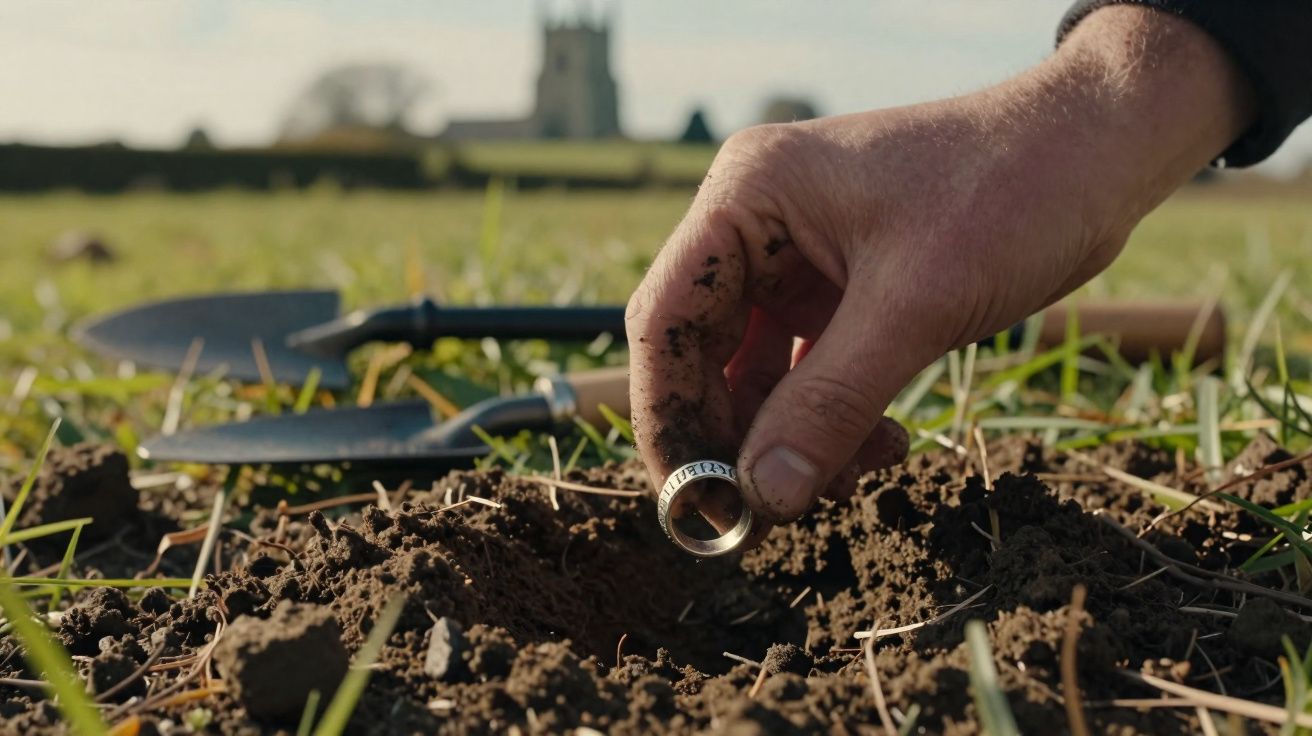 Mão suja segurando um anel enterrado em buraco no chão com ferramentas de jardinagem no fundo.