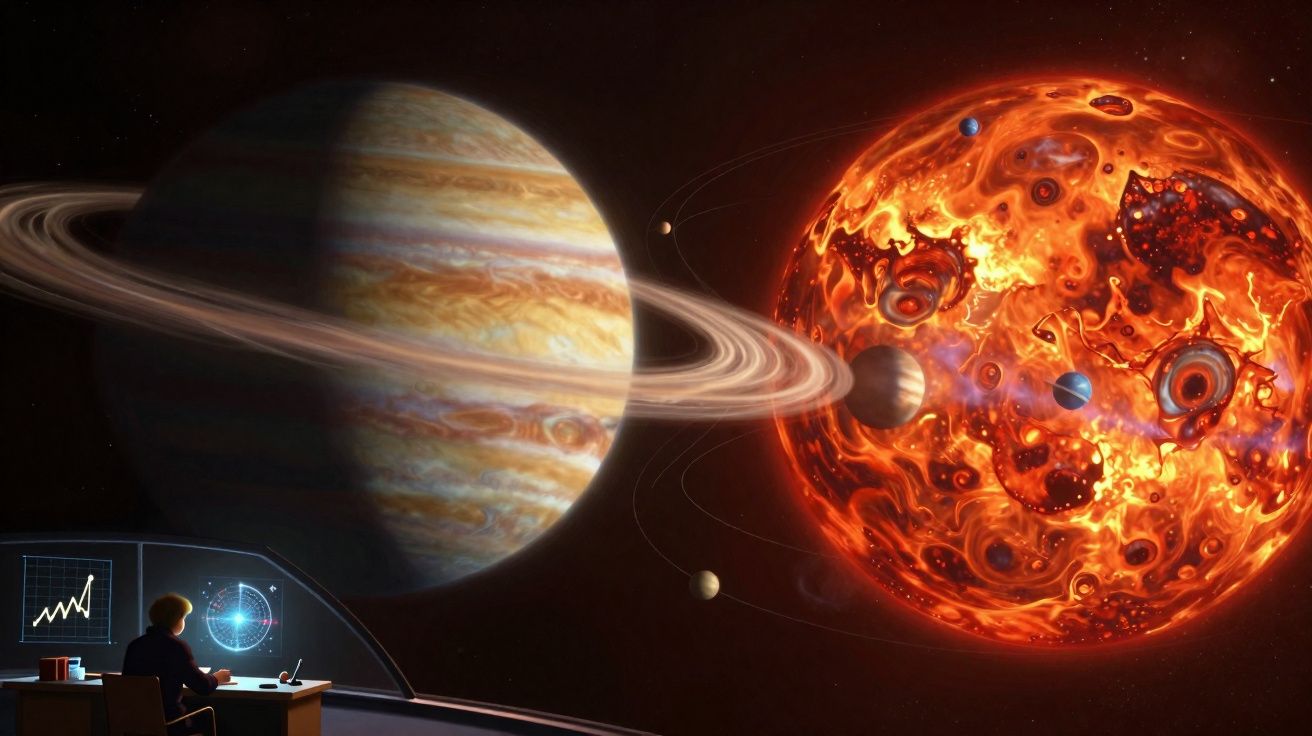 Pessoa observando do espaço grandes planetas com anéis e uma estrela incandescente ao fundo.