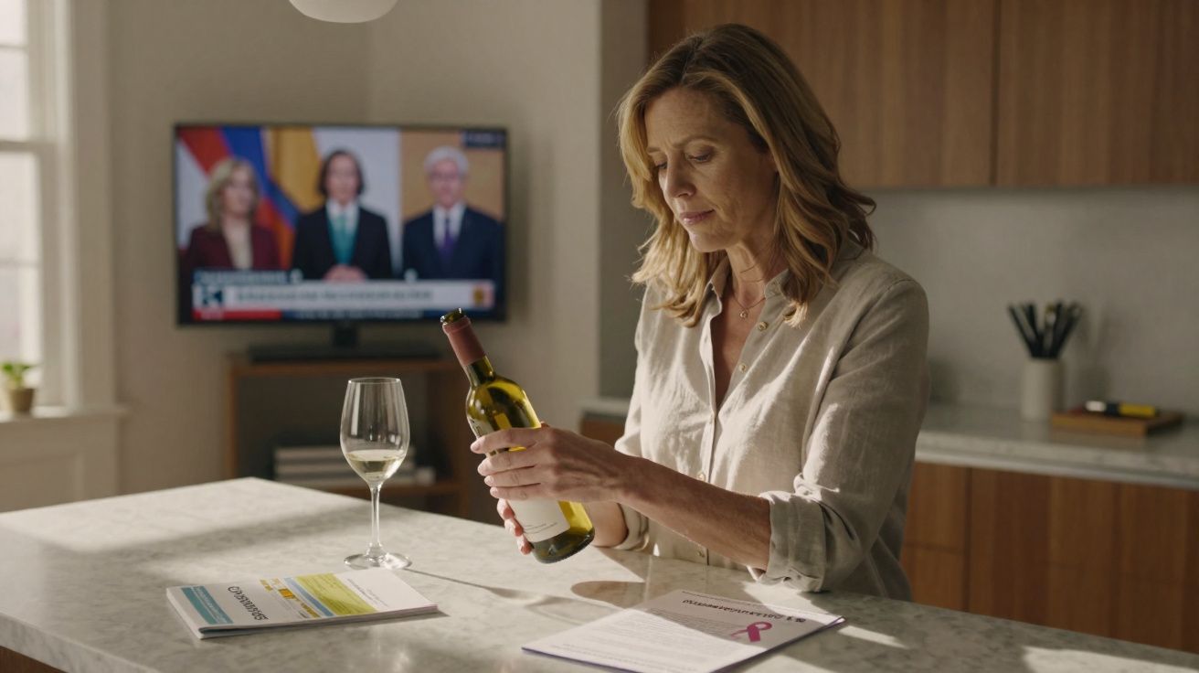 Mulher em cozinha olhando rótulo de vinho com taça, documentos na bancada e TV ligada ao fundo.