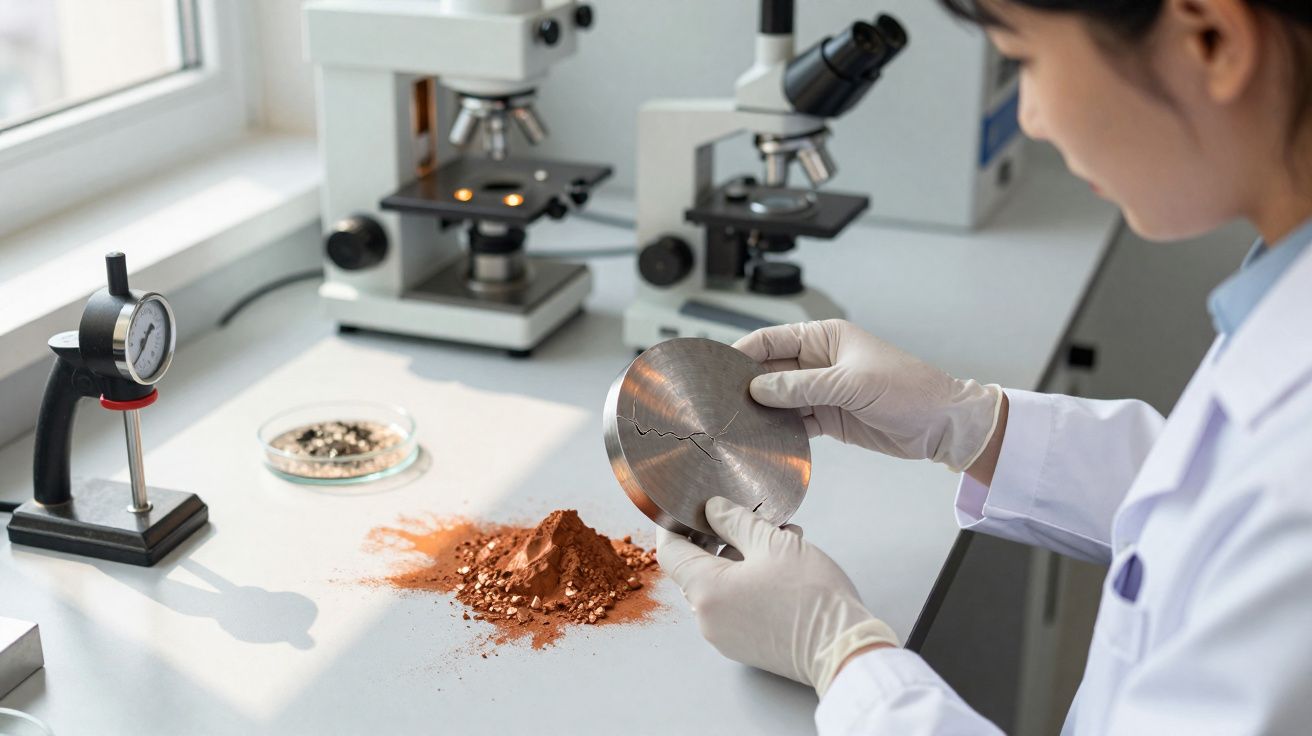 Cientista com luvas examina amostra metálica rachada em laboratório com microscópios e materiais à mesa.